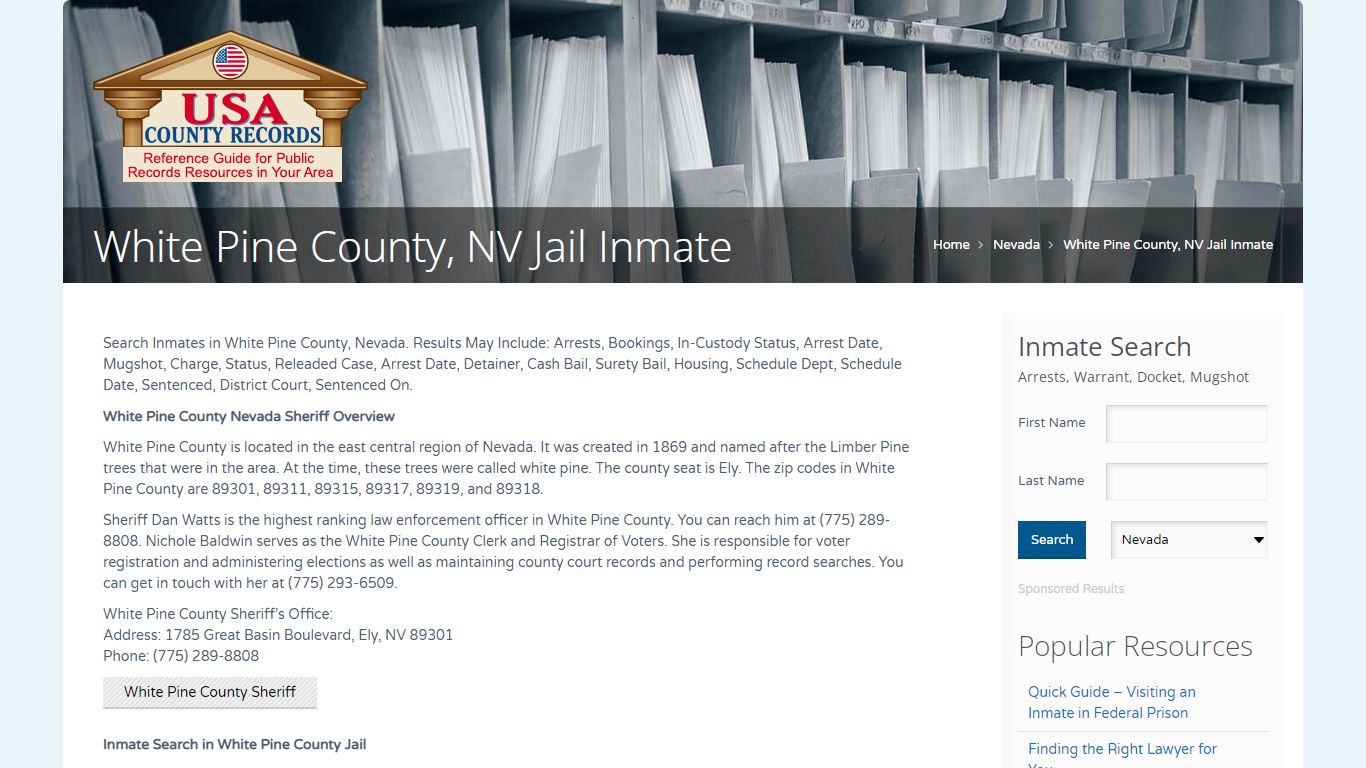 White Pine County, NV Jail Inmate | Name Search