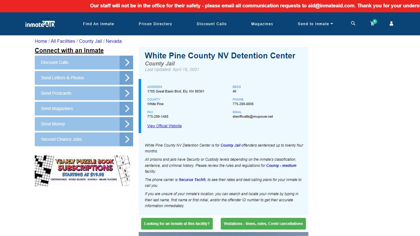 White Pine County NV Detention Center - Inmate Locator ...